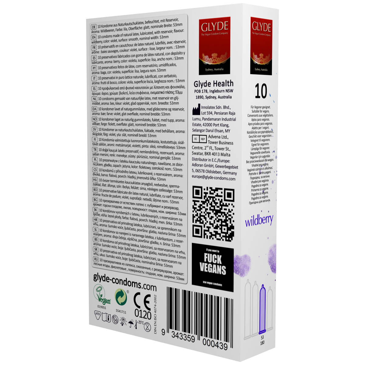 Glyde Ultra Wildberry Flavour Vegan Condoms 10 Pack